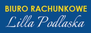 Logo biura rachunkowego 'Lilla Podlaska' na niebieskim tle, z żółtym napisem 'BIURO RACHUNKOWE' u góry i stylizowanym, jasnym napisem z nazwą firmy poniżej.