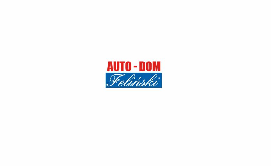 Logo firmy Auto-Dom Feliński z czerwonym napisem AUTO-DOM i niebieskim napisem Feliński na białym tle.