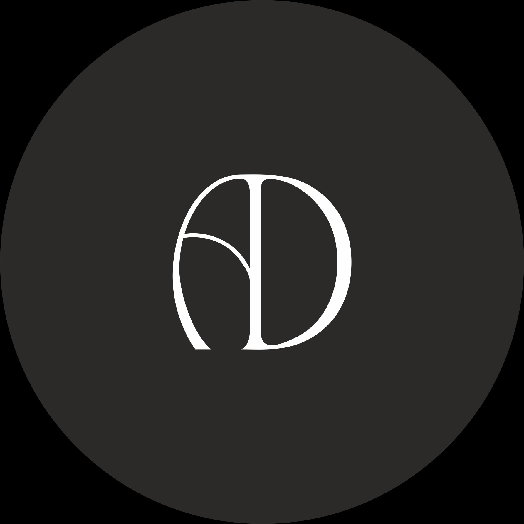Minimalistyczne logo 'AD' w białym kolorze na ciemnoszarym okręgu, elegancki font.