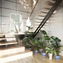 Wnętrze domu z drewnianą podłogą, schodami z drewnianymi stopniami i metalową konstrukcją, oświetleniem punktowym oraz wiszącą lampą kulistą, udekorowane różnorodnymi roślinami doniczkowymi...