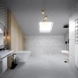 Nowoczesna łazienka z geometryczną tapetą, wiszącą toaletą i umywalką, oświetlona wiszącymi lampami i światłem z okna dachowego.