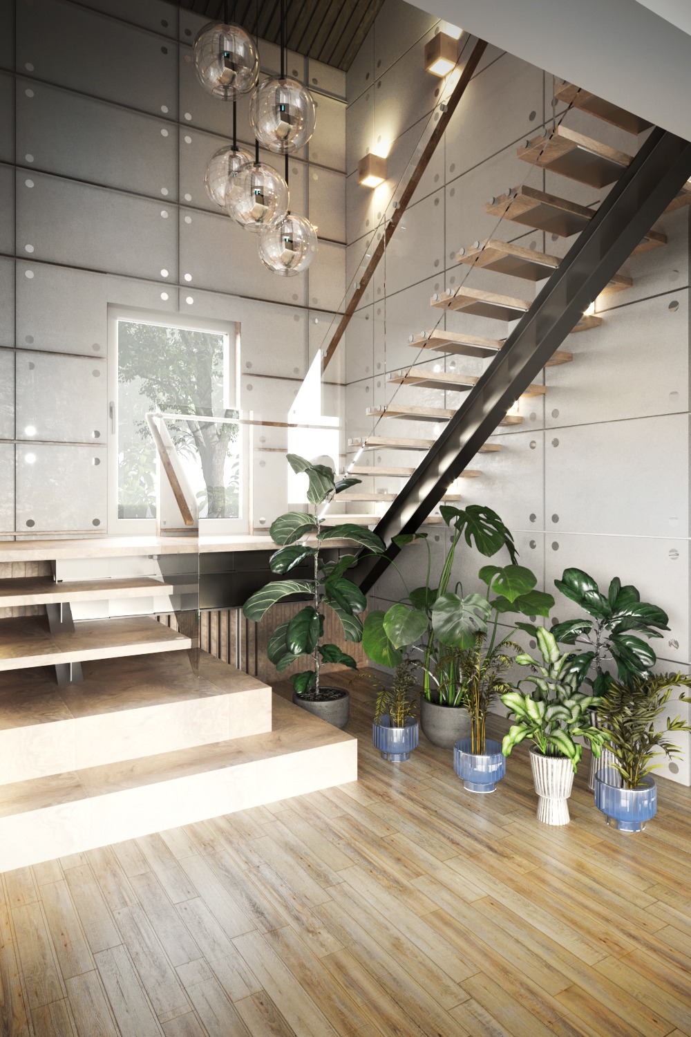Wnętrze domu z drewnianą podłogą, schodami z drewnianymi stopniami i metalową konstrukcją, oświetleniem punktowym oraz wiszącą lampą kulistą, udekorowane różnorodnymi roślinami doniczkowymi...