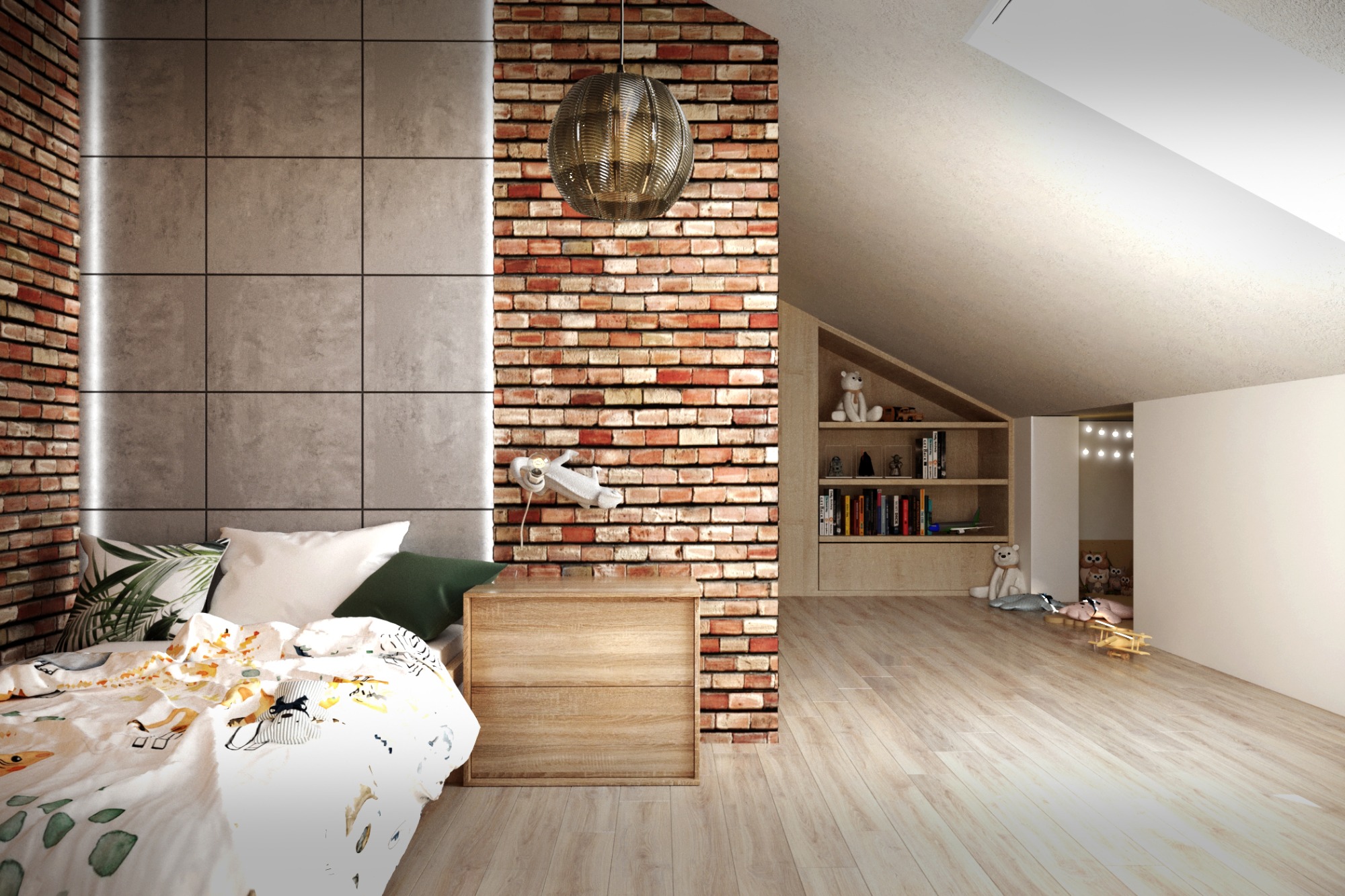 Pokój dziecięcy na poddaszu z łóżkiem, ceglaną ścianą, drewnianą szafką nocną i półkami z zabawkami, oświetlony wiszącą lampą w stylu retro.