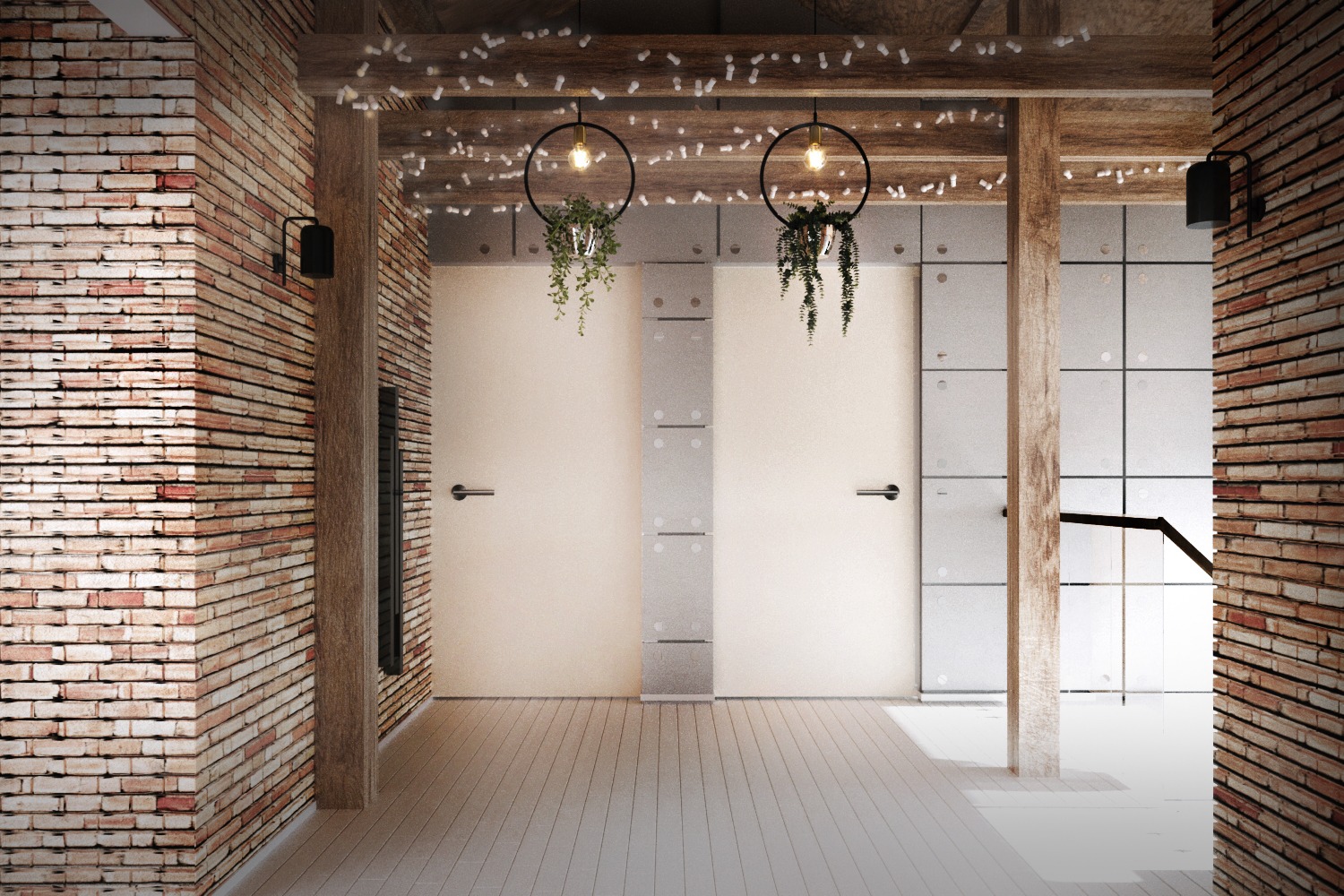Wnętrze z ceglanymi ścianami, drewnianymi belkami i dwoma białymi drzwiami, nad którymi wiszą lampy z roślinami, oświetlone ciepłym światłem.