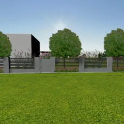 Wizualizacja ogrodu z nowoczesnym ogrodzeniem z poziomych, czarnych elementów, betonowymi słupkami, niską roślinnością i drzewami kulistymi w tle, widok z poziomu trawnika.