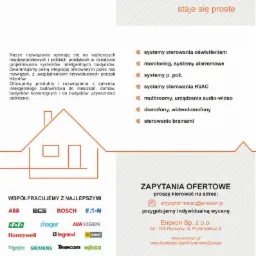 Grafika reklamowa firmy Enexon oferującej inteligentne rozwiązania budowlane, systemy sterowania oświetleniem, monitoring, systemy alarmowe, domofony, wideodomofony i sterowanie bramami. Na grafice...