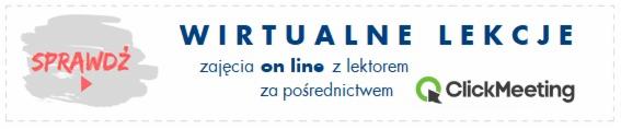 Grafika reklamowa wirtualnych lekcji z lektorem online za pośrednictwem ClickMeeting, z hasłem 'Sprawdź' i czerwoną strzałką.