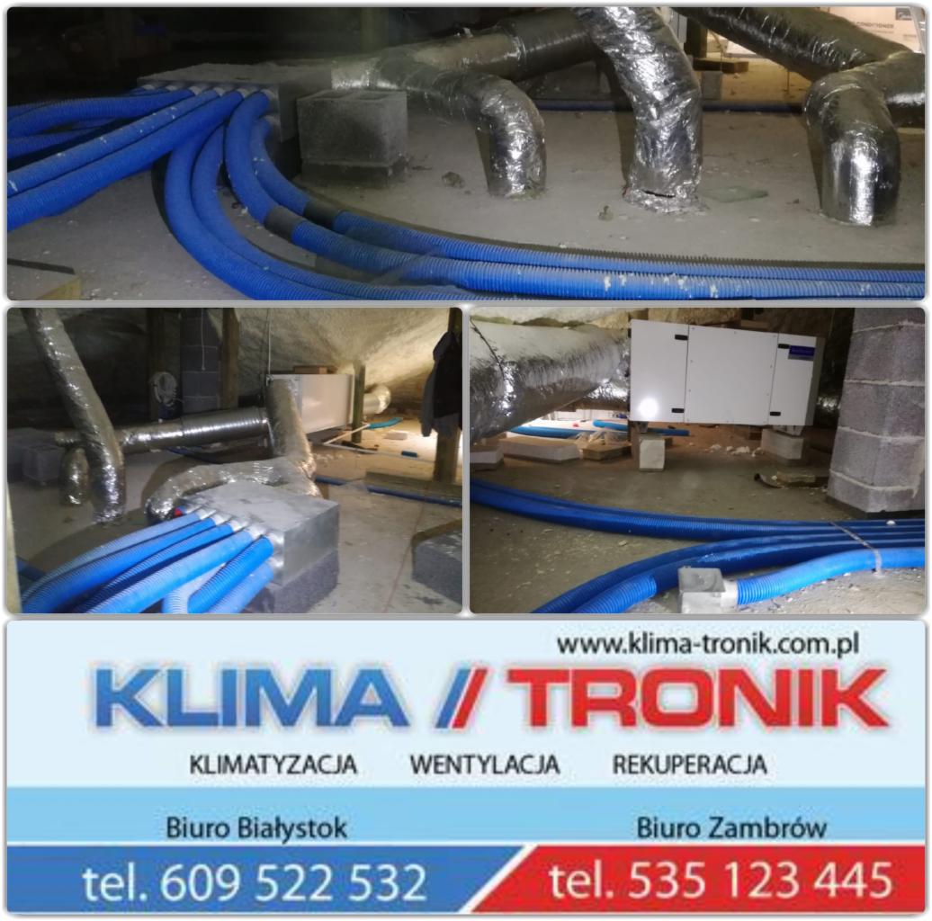 Instalacja przewodów wentylacyjnych i klimatyzacyjnych w przestrzeni poddasza, widoczne srebrne rury izolowane oraz niebieskie karbowane przewody doprowadzające powietrze.