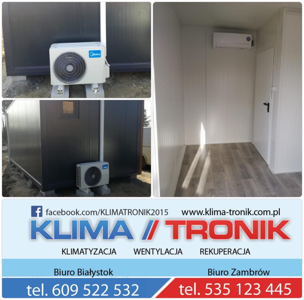 Zewnętrzna jednostka systemu chłodzenia Midea zamontowana na betonowych blokach przy ciemnoszarym kontenerze biurowym, wnętrze kontenera z zamontowaną jednostką wewnętrzną i imitacją drewnianej...