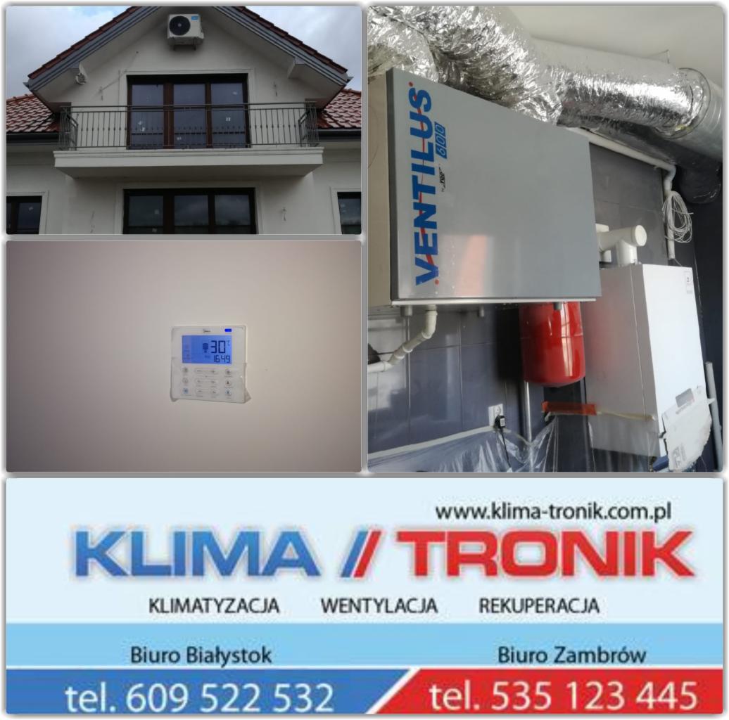 Kolaż zdjęć: klimatyzator na elewacji domu, panel sterowania klimatyzacją z wyświetlaną temperaturą, centrala wentylacyjna Ventilus z przewodami oraz wizytówka firmy Klima-Tronik z logo, numerami...