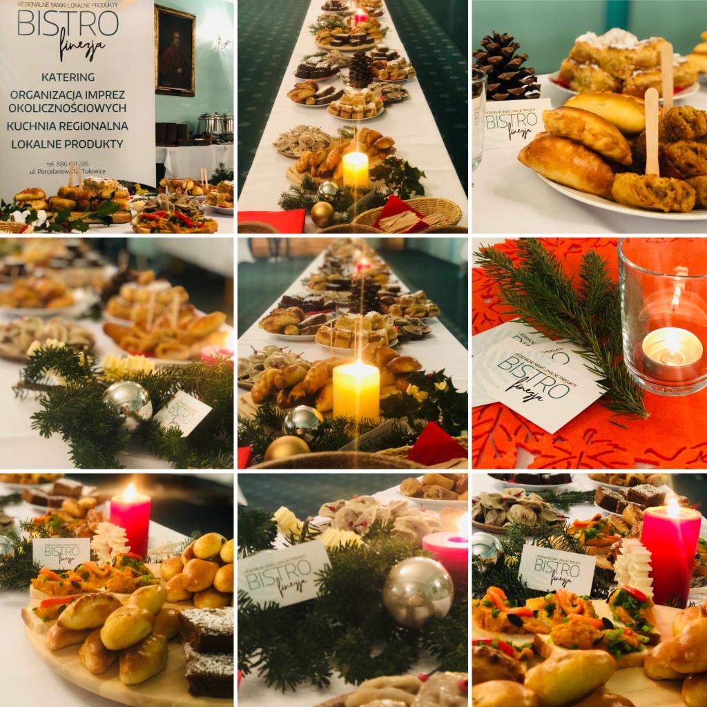 Bogato zastawiony stół z różnorodnymi przekąskami, ciastami i dekoracjami świątecznymi, w tym świecami, bombkami i gałązkami choinki, z logo 'Bistro Finezja' umieszczonym na wizytówkach, widok...