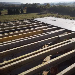 Wiązary dachowe z drewnianych belek i szalunku na płaskim dachu w trakcie budowy, widok z góry na tle zielonego krajobrazu.