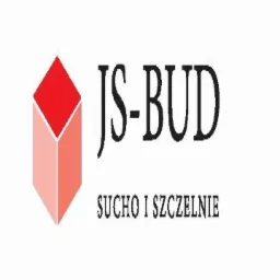Logo firmy JS-BUD z czerwonym, trójwymiarowym sześcianem i hasłem 'SUCHO I SZCZELNIE'.