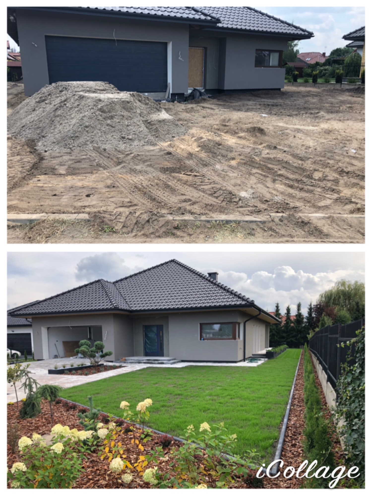 Dwuetapowe ujęcie: górne pokazuje teren przed domem w trakcie przygotowania, z hałdą piasku i śladami opon, dolne prezentuje ten sam teren po zagospodarowaniu - z trawnikiem, rabatami kwiatowymi...