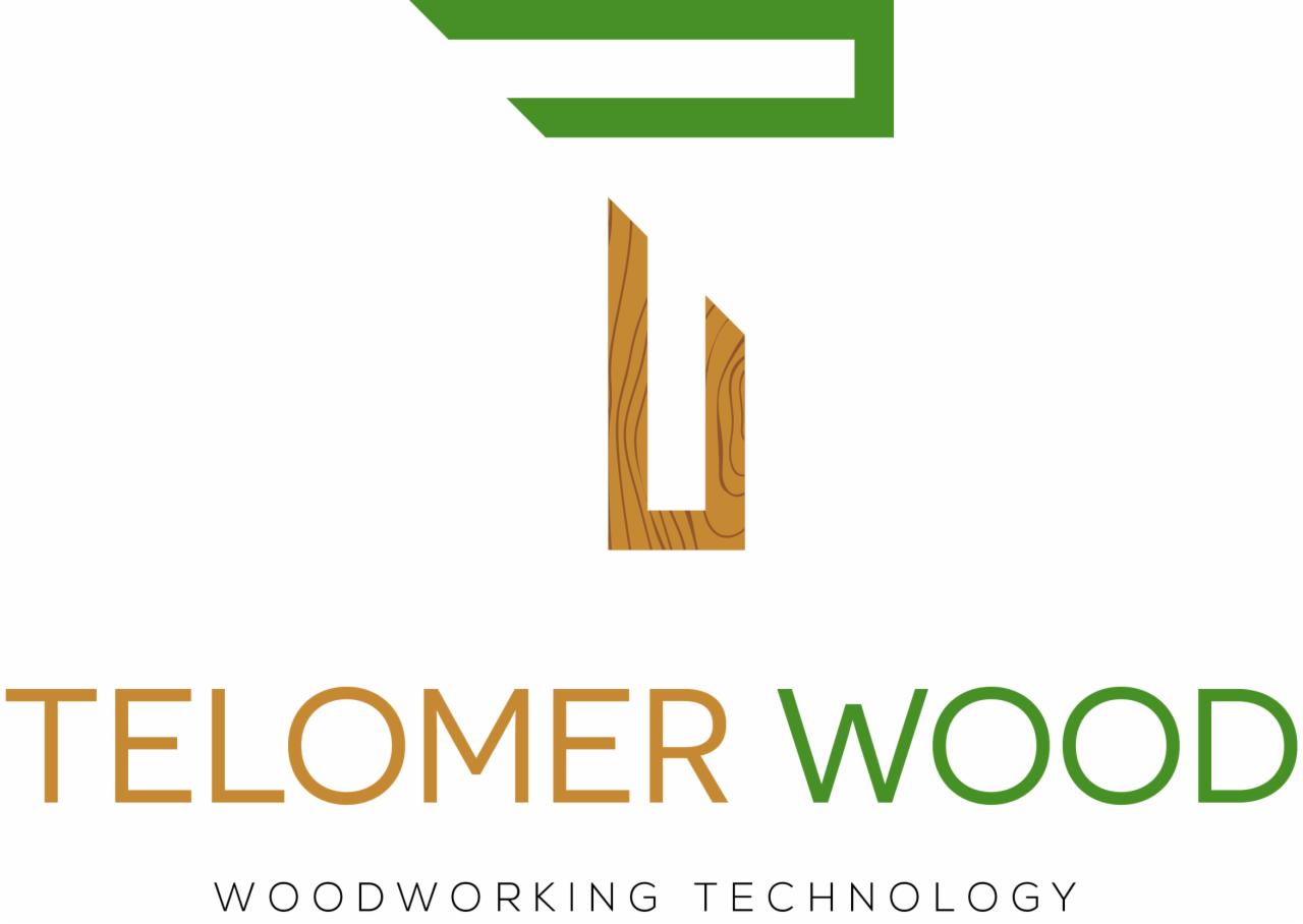 Logo firmy Telomer Wood, prezentujące stylizowany element drewniany z widocznym usłojeniem, nad napisem 'TELOMER WOOD' i pod napisem 'WOODWORKING TECHNOLOGY'.