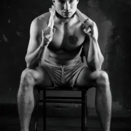 Czarno-białe zdjęcie mężczyzny siedzącego na krześle z ręcznikiem na szyi, prezentującego wyrzeźbioną sylwetkę i tatuaż korony na klatce piersiowej, na tle ciemnej ściany.