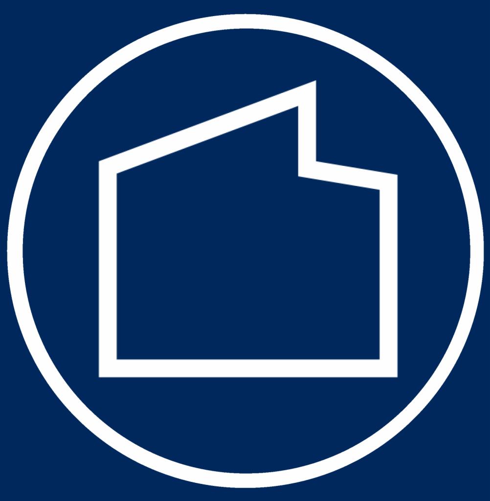 Biały kontur domu z charakterystycznym dachem w okręgu na granatowym tle. Minimalistyczny design, potencjalne logo firmy budowlanej.