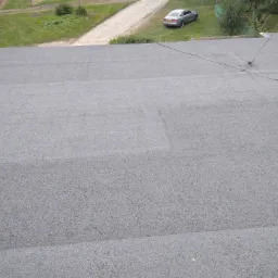 Szary, płaski dach pokryty papą, z widocznymi łączeniami na zakładkę, w tle trawnik, drzewa i srebrny samochód.