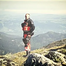 Ratownik g&oacute;rski w uniformie i z apteczką, stoi na szczycie g&oacute;ry z widokiem na dolinę.