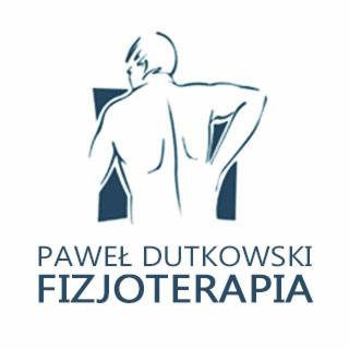 Grafika przedstawiająca schematyczny rysunek pleców z zaznaczonym dolnym odcinkiem kręgosłupa, nad napisem 'PAWEŁ DUTKOWSKI FIZJOTERAPIA' w kolorze niebieskim.
