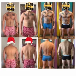 Męska sylwetka przed i po treningu, widoczne zmiany w budowie ciała i redukcji wagi, ujęte w formie kolażu z datami i wagą.