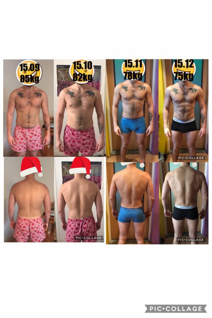 Męska sylwetka przed i po treningu, widoczne zmiany w budowie ciała i redukcji wagi, ujęte w formie kolażu z datami i wagą.