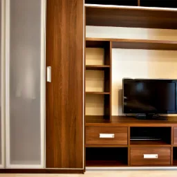 Zabudowa meblowa w salonie z szafą z przesuwnymi drzwiami z mlecznego szkła i regałem z miejscem na telewizor, wykończona w odcieniach brązu.