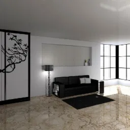 Wnętrze pokoju z dużą szafą przesuwną z dekoracyjnym motywem drzewa, czarną sofą, designerską lampą podłogową i marmurową podłogą.