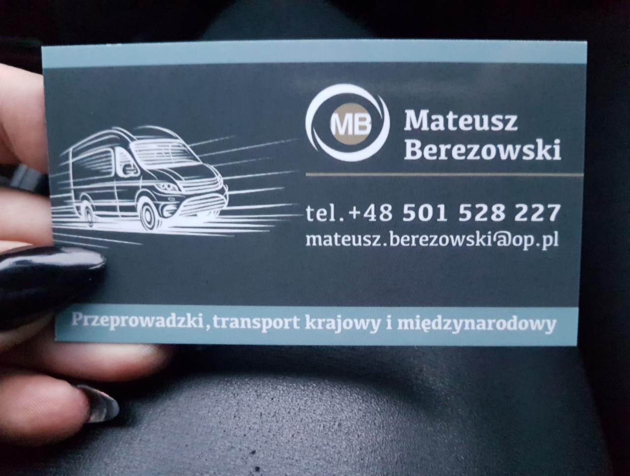Wizytówka firmy Mateusz Berezowski z grafiką busa, numerem telefonu i adresem email, oferującej usługi transportu krajowego i międzynarodowego.