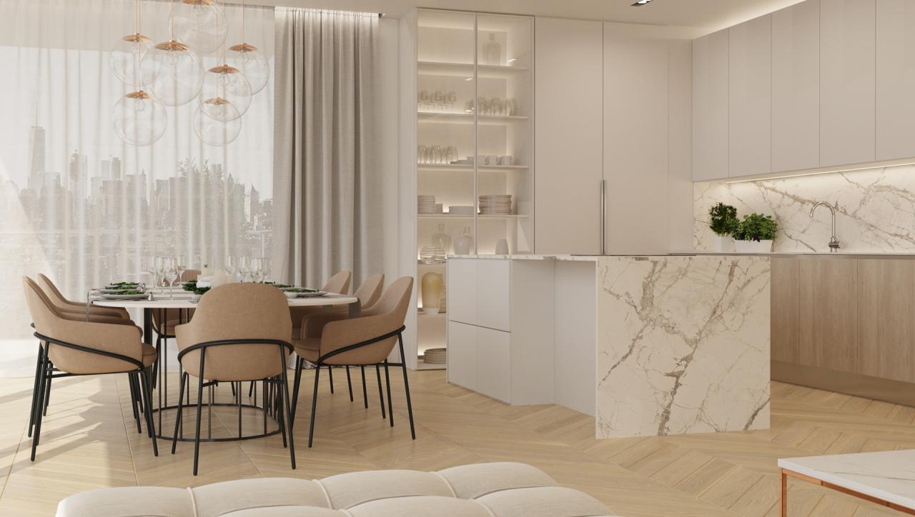 Jasne, minimalistyczne wnętrze jadalni z okrągłym stołem, krzesłami tapicerowanymi w kolorze beżowym, marmurowym blatem kuchennym i przeszkloną witryną z oświetleniem LED w tle, widok na miasto za...