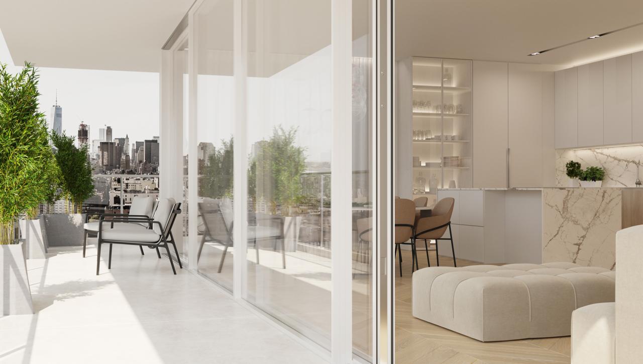 Nowoczesny apartament z przestronnym balkonem i widokiem na miasto, minimalistyczne meble i designerskie wykończenie.