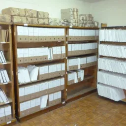 Regały wypełnione segregatorami i paczkami z dokumentami w archiwum, widoczne segregatory z etykietami i paczki owinięte w brązowy papier, podłoga wyłożona parkietem.