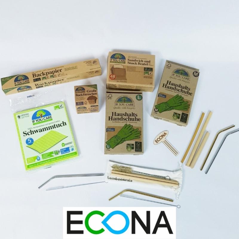 Zestaw ekologicznych produktów do sprzątania i kuchni marki Econa: papier do pieczenia, ściereczki, rękawice, woreczki na kanapki, foremki do babeczek, słomki bambusowe i metalowe ze szczoteczkami...