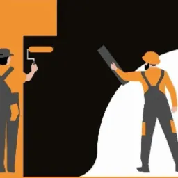 Ilustracja przedstawiająca dwóch malarzy w kombinezonach, jeden maluje ścianę wałkiem, a drugi nakłada gładź szpachlą.