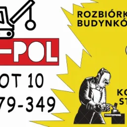 Grafika reklamowa firmy DAN-POL oferującej usługi rozbiórki budynków, spawania konstrukcji stalowych i palenia złomu, z numerem telefonu 782-679-349 i adresem Kłopot 10, przedstawiająca symboliczne...