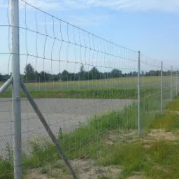 Długa linia ogrodzenia z siatki, wsparta na metalowych słupkach z dodatkowym ukośnym wzmocnieniem na pierwszym planie, oddzielająca teren trawiasty od drogi wyłożonej ażurowymi płytami betonowymi.