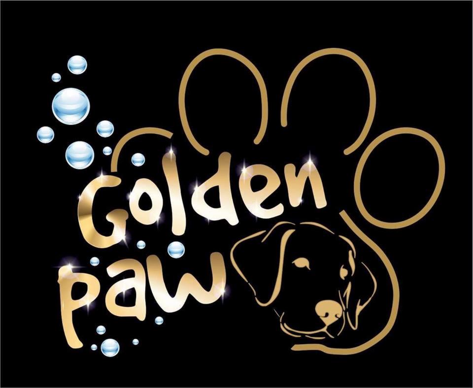 Złoty napis 'Golden Paw' z konturem psiej łapy i głowy psa na czarnym tle z bąbelkami.