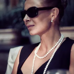 Portret kobiety w czarnej sukience i okularach przeciwsłonecznych, z perłami, wykonany w Trzebini. Subtelny makijaż i elegancka fryzura.