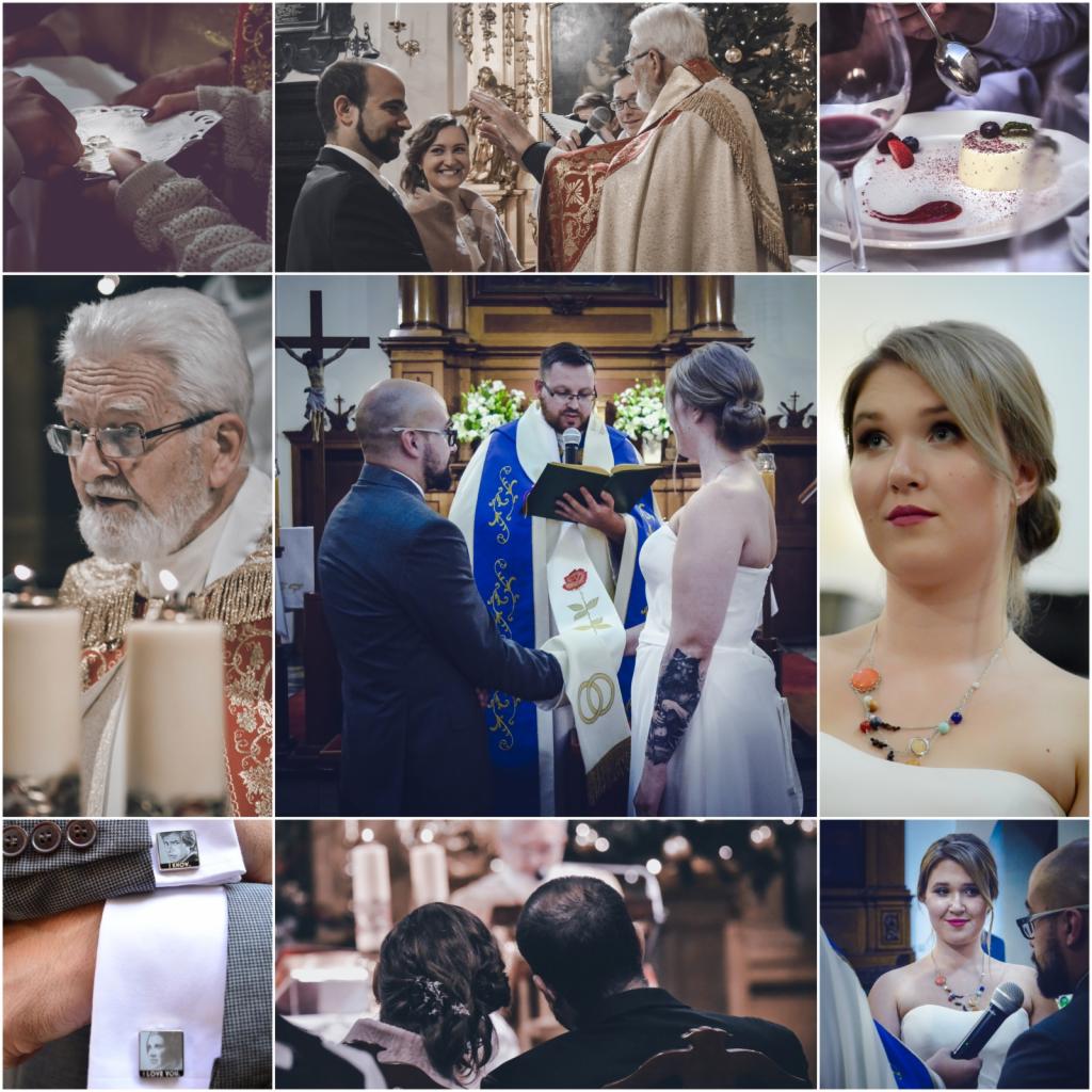 Kolaż zdjęć z ceremonii ślubnej w kościele: przysięga małżeńska, zbliżenie panny młodej z tatuażem, detale stroju księdza, obrączki, mankiety z portretami, deser w restauracji.