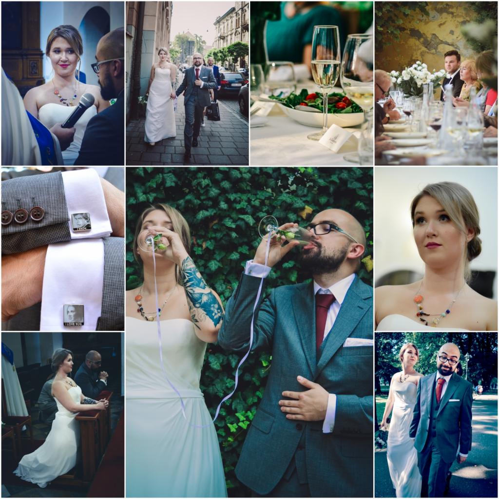 Kolaż zdjęć ślubnych z Trzebini: ceremonia w kościele, para młoda spacerująca po mieście, toast wznoszony przez nowożeńców z ozdobnymi mankietami, detale dekoracji stołu weselnego.
