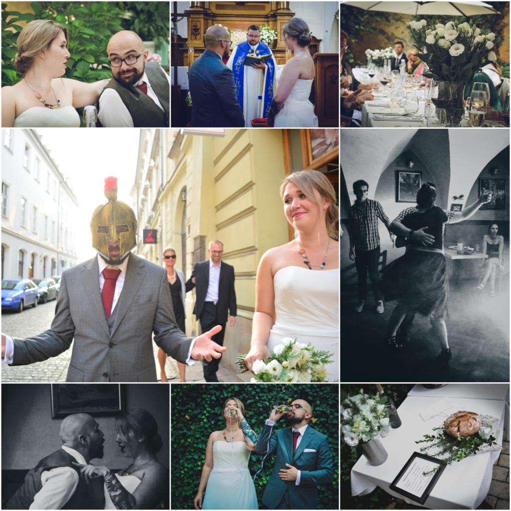 Kolaż zdjęć ślubnych: para w kościele, para podczas tańca, para rozmawiająca na ławce w ogrodzie, pan młody w masce rzymskiego legionisty na ulicy, dekoracje stołu weselnego, para pijąca szampana...