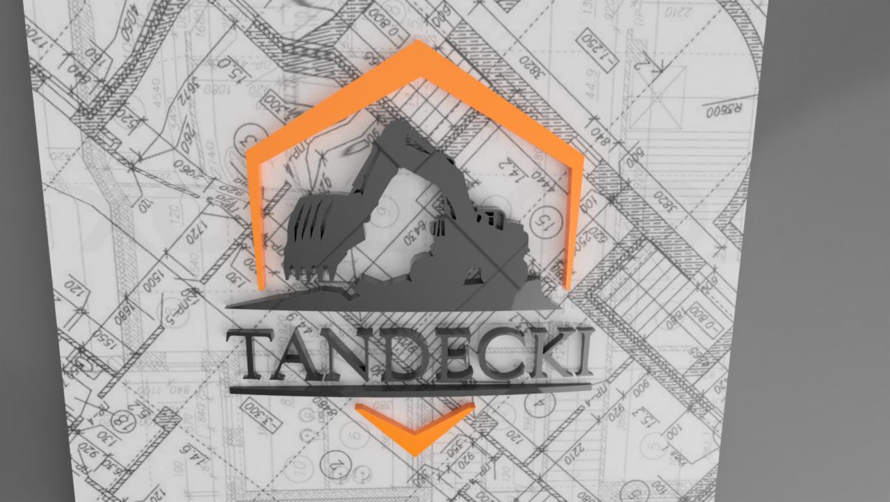 Logo firmy budowlanej Tandecki w formie trójwymiarowej grafiki, prezentujące sylwetkę koparki wewnątrz pomarańczowej obudowy w kształcie domu, umieszczone na tle planu architektonicznego.