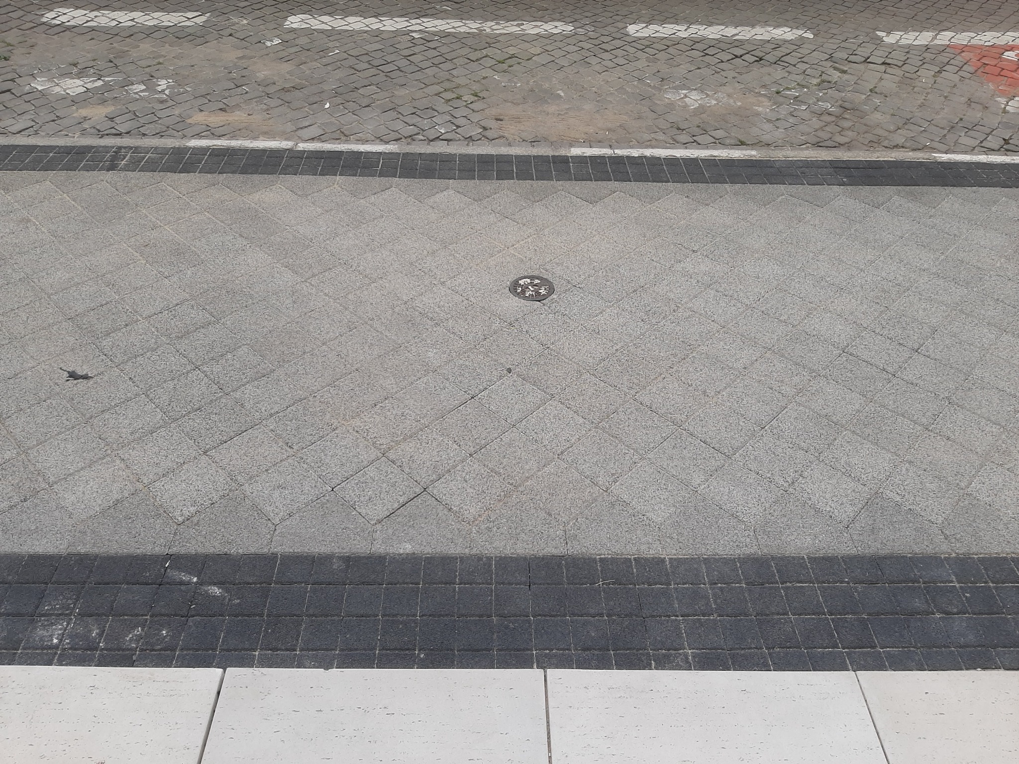 Szara nawierzchnia z kostki ułożonej w romby, oddzielona ciemniejszym pasem od chodnika z mniejszej kostki. W tle widoczny biały pas.