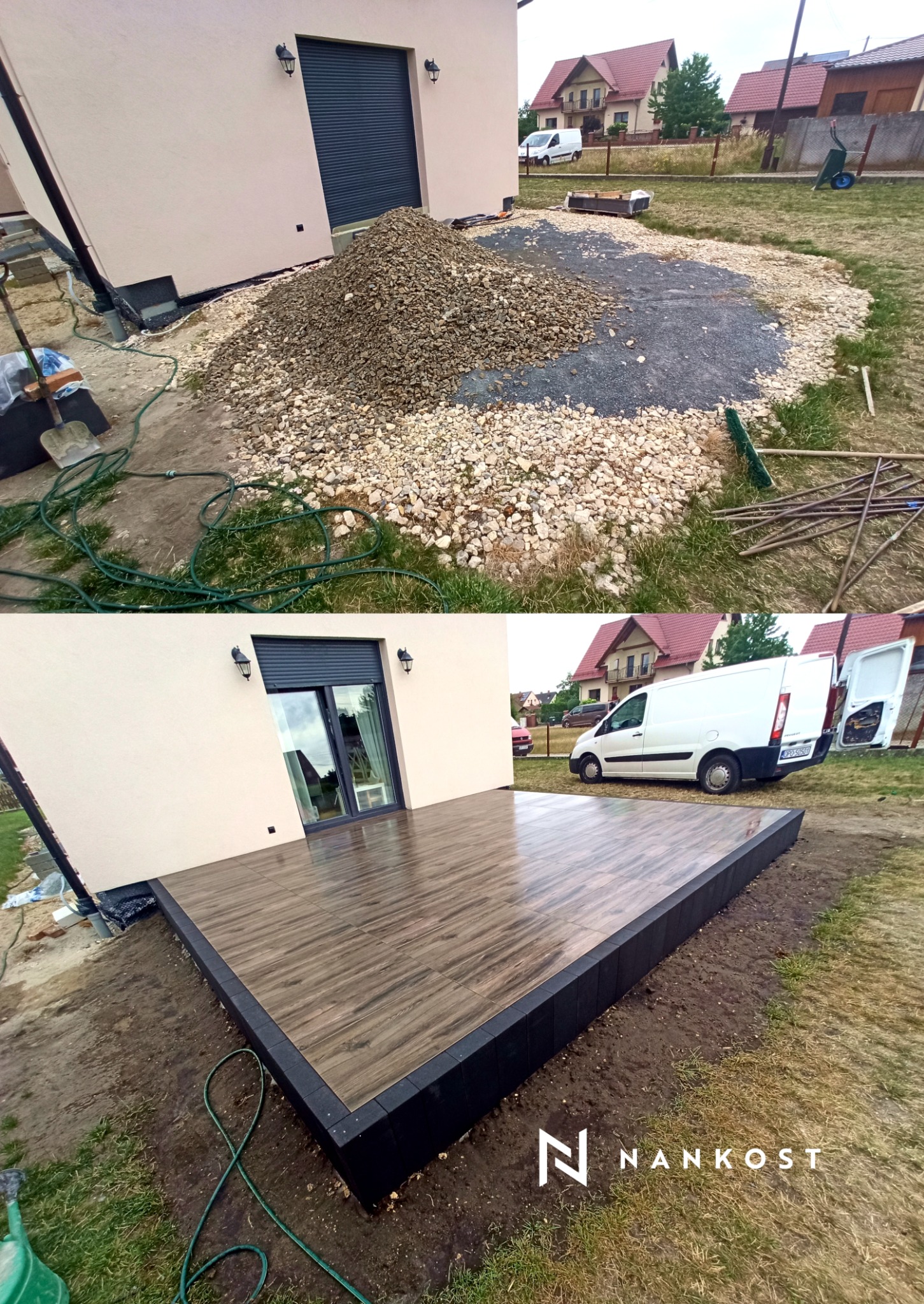 Dwa ujęcia: przygotowanie terenu pod taras z wysypanym żwirem oraz gotowy taras z brązowych płyt imitujących drewno, obrzeża z czarnych elementów, widoczny budynek, trawnik i logo firmy Nankost.