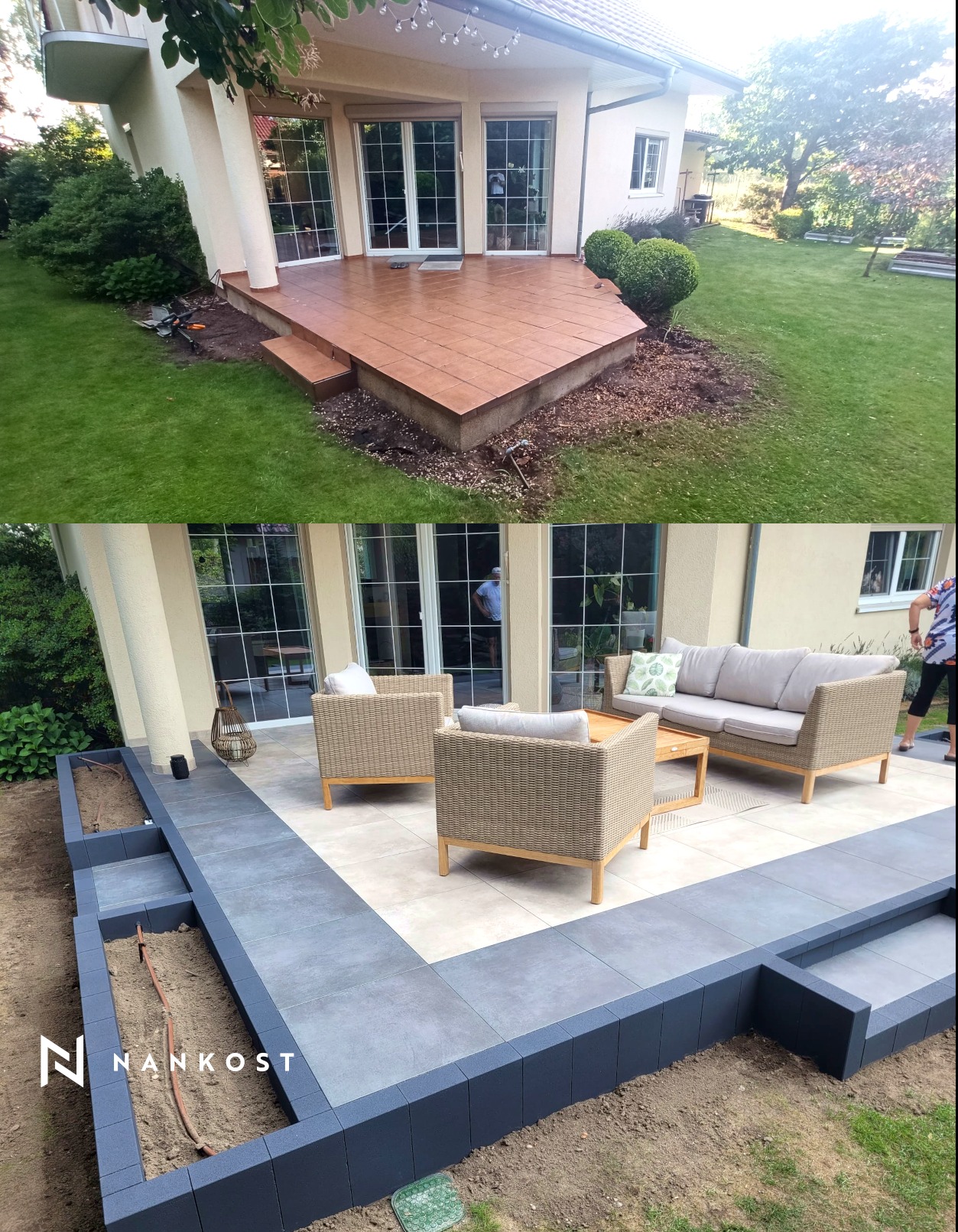 Zdjęcie 'przed i po' przedstawiające taras: górna część ukazuje starą, brązową nawierzchnię z widocznymi śladami prac ziemnych, dolna część prezentuje odnowiony taras z szarych płyt, meblami...