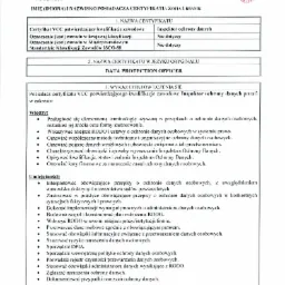 Skan suplementu do certyfikatu VCC potwierdzającego kwalifikacje zawodowe inspektora ochrony danych, z wyszczególnionymi efektami uczenia się w zakresie wiedzy i umiejętności.