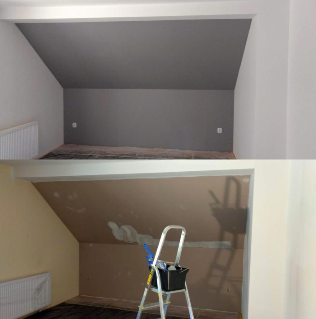 Porównanie stanu pokoju na poddaszu przed i po malowaniu: od beżowych ścian ze śladami szpachli i drabiny z wiadrem, do gładkich szarych ścian.