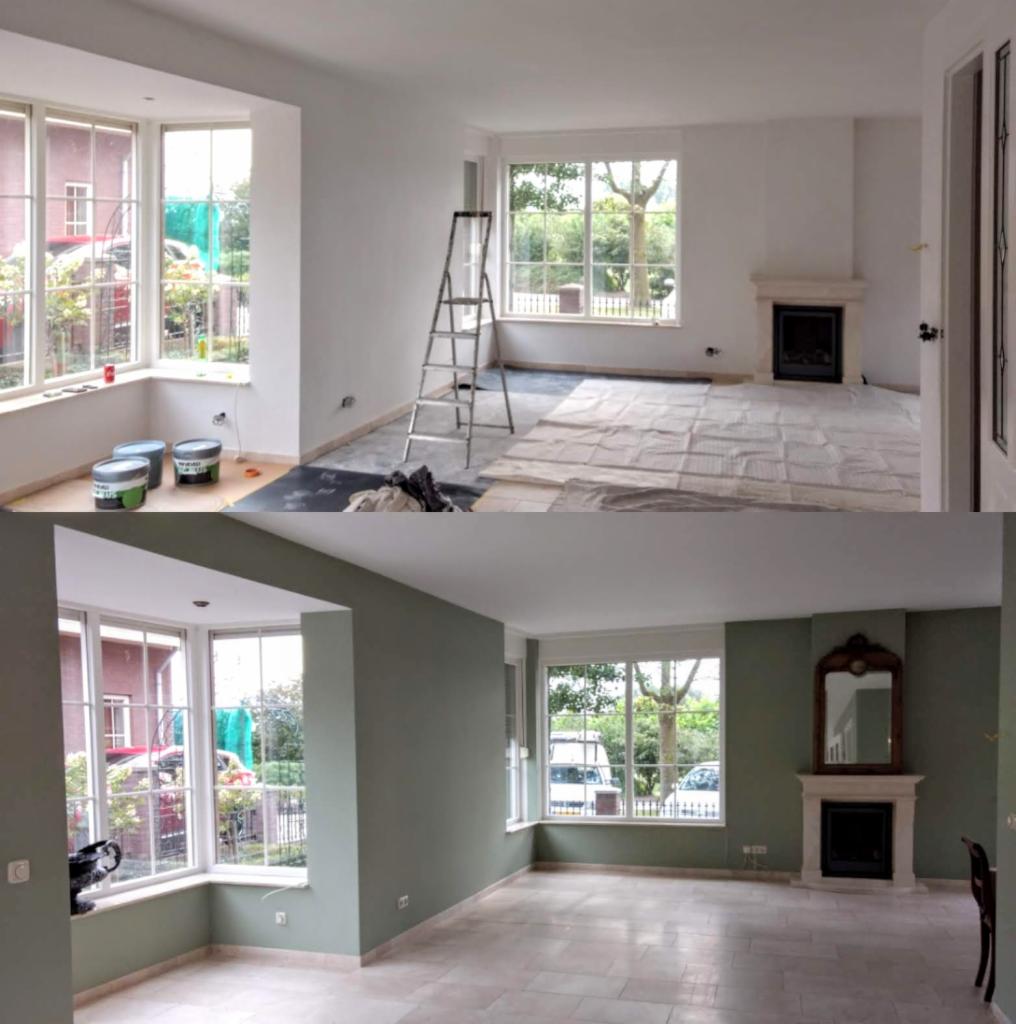 Pokój przed i po malowaniu ścian na oliwkowy kolor, widoczne puszki z farbą, drabina, zabezpieczona podłoga i kominek.