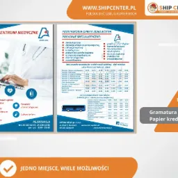 Ulotka A5 z informacjami o Centrum Medycznym Arion Med, zawierająca dane kontaktowe, listę poradni specjalistycznych, rozkład jazdy autobusów oraz informacje o gramaturze papieru.