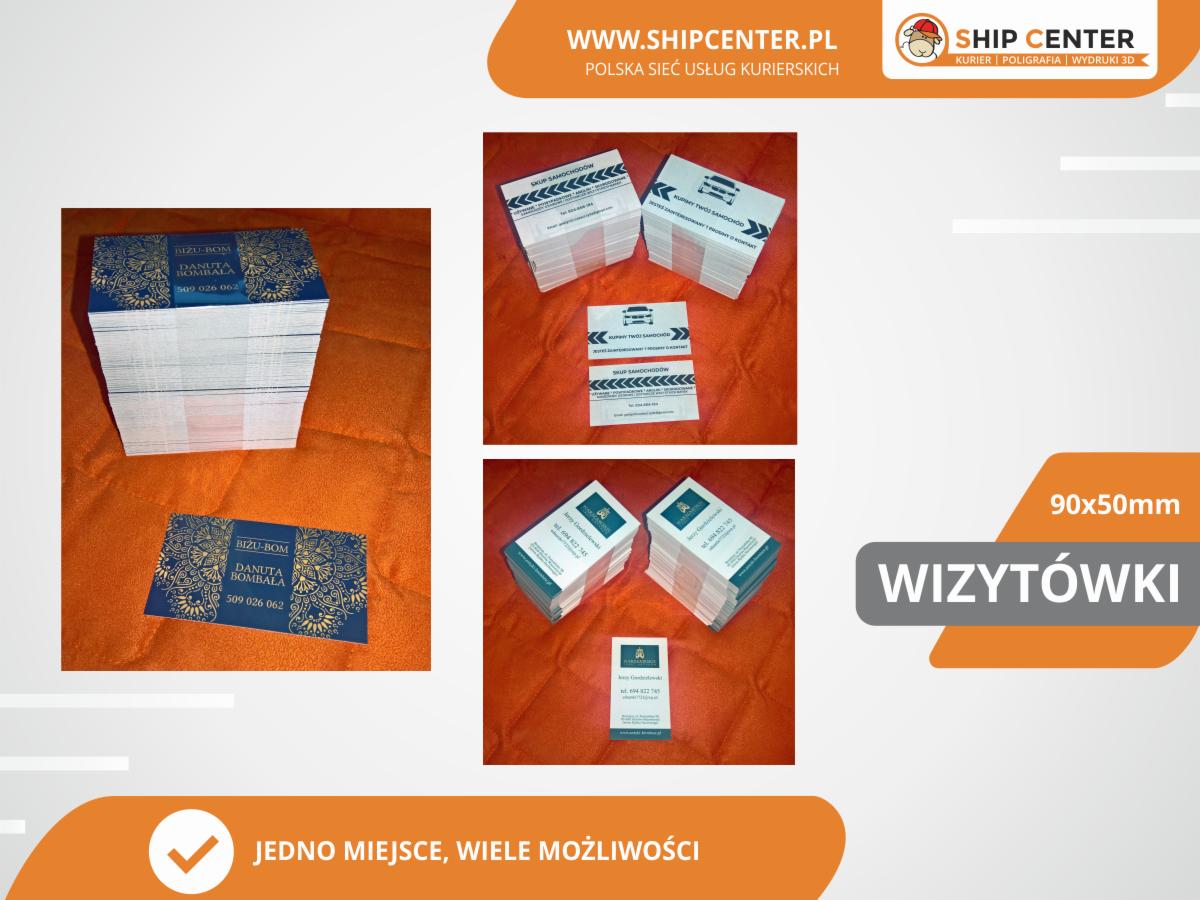 Kompozycja wizytówek: stos wizytówek z niebiesko-złotym wzorem 'BIZU-BOM Danuta Bombala' oraz wizytówki 'SHIP CENTER' z motywem samochodów na pomarańczowym tle.